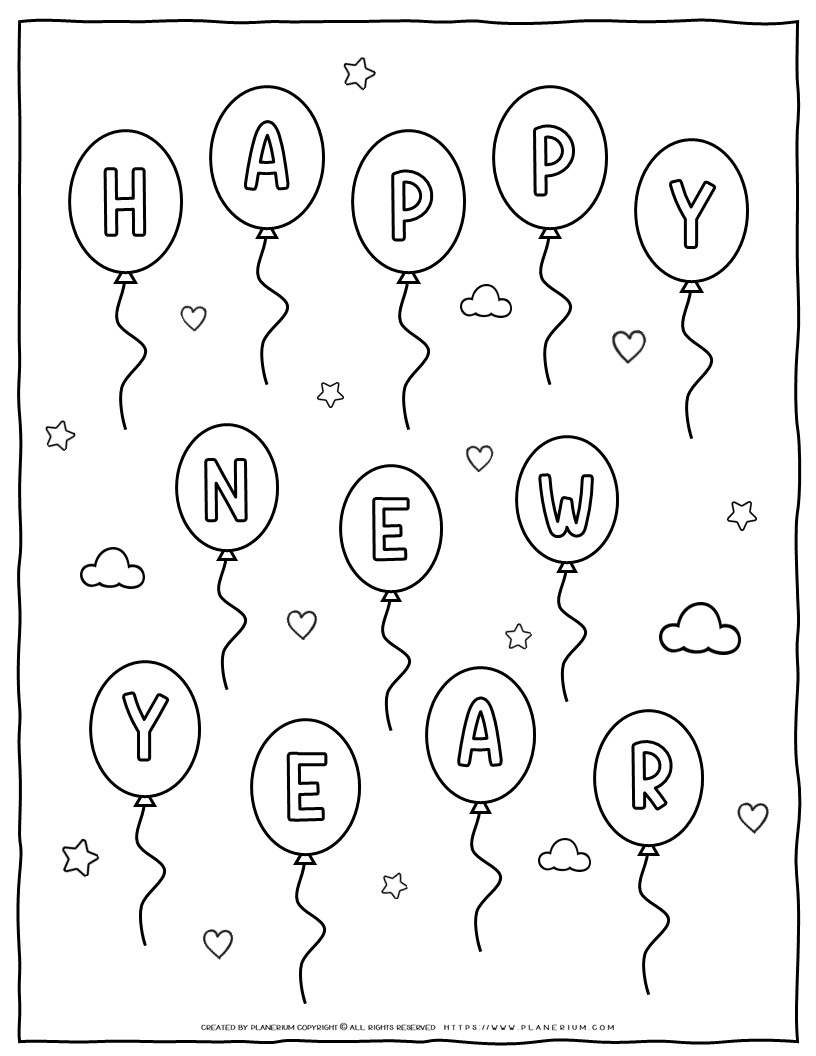 Happy New Year Coloring Page - Balloons | Planerium
