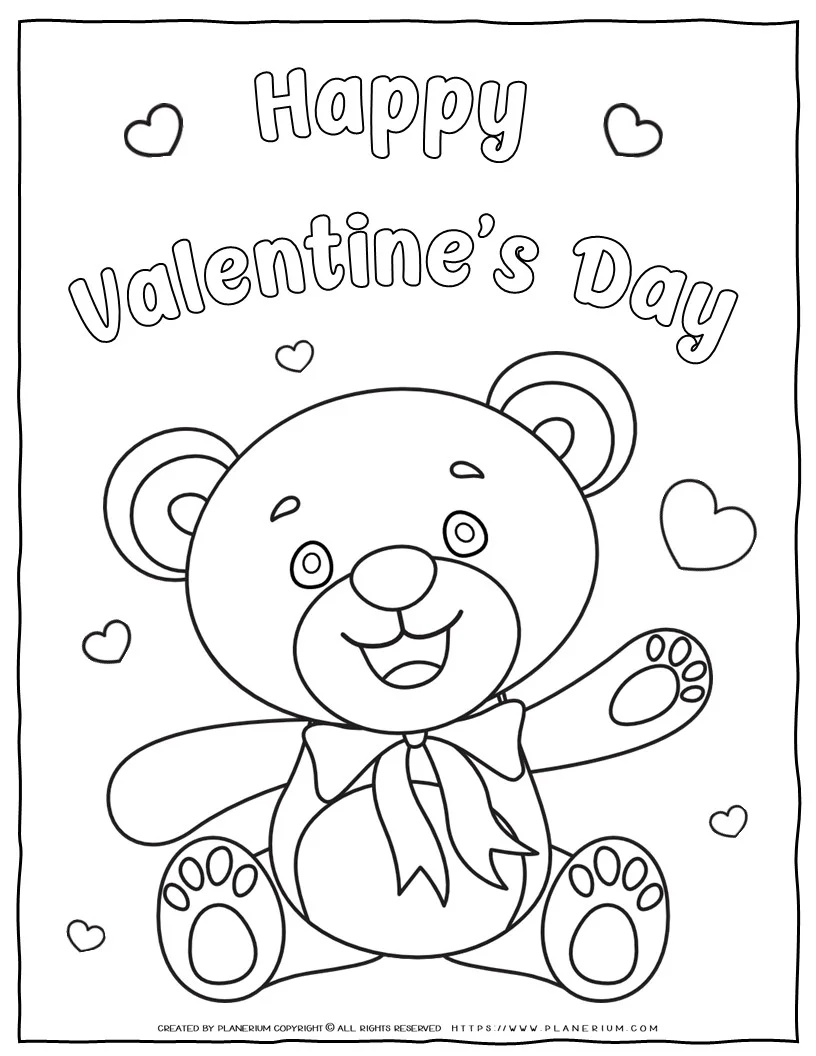 Valentine's Day Coloring Page - Happy Teddy Bear | Planerium