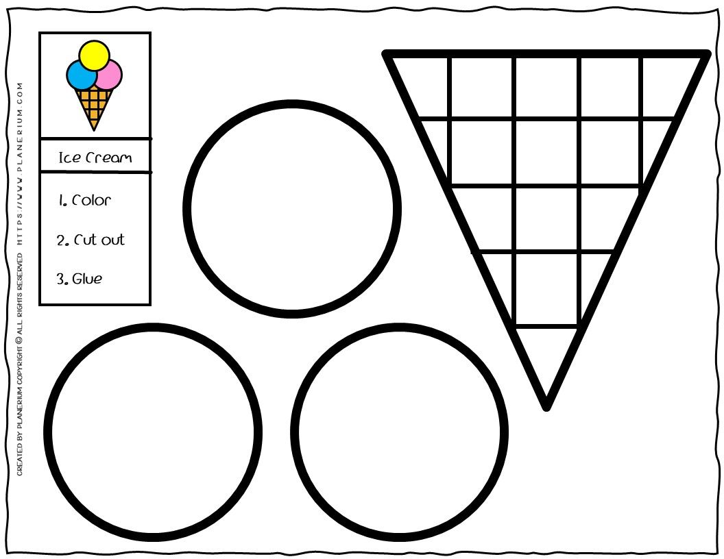 A cut and glue worksheet of an ice cream cone with three scoops of ice cream