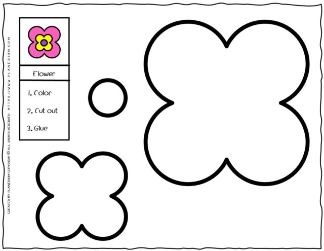 Printable four-petal flower cut and paste worksheet for kids