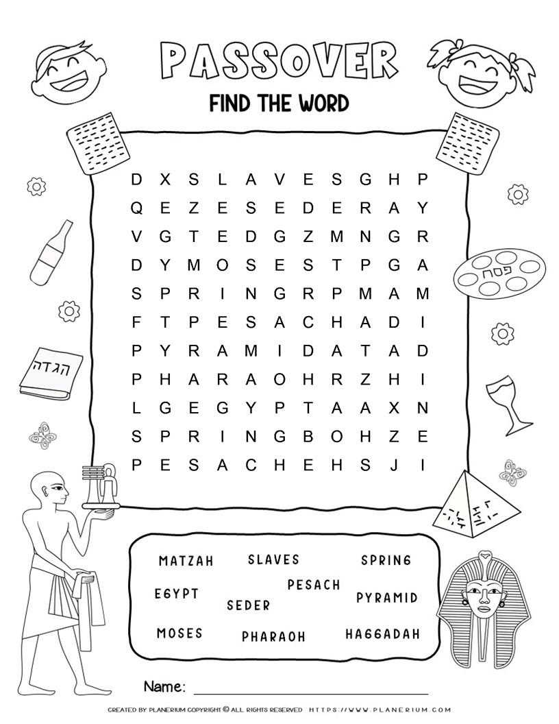 Printable Passover word search for kids from Planerium
