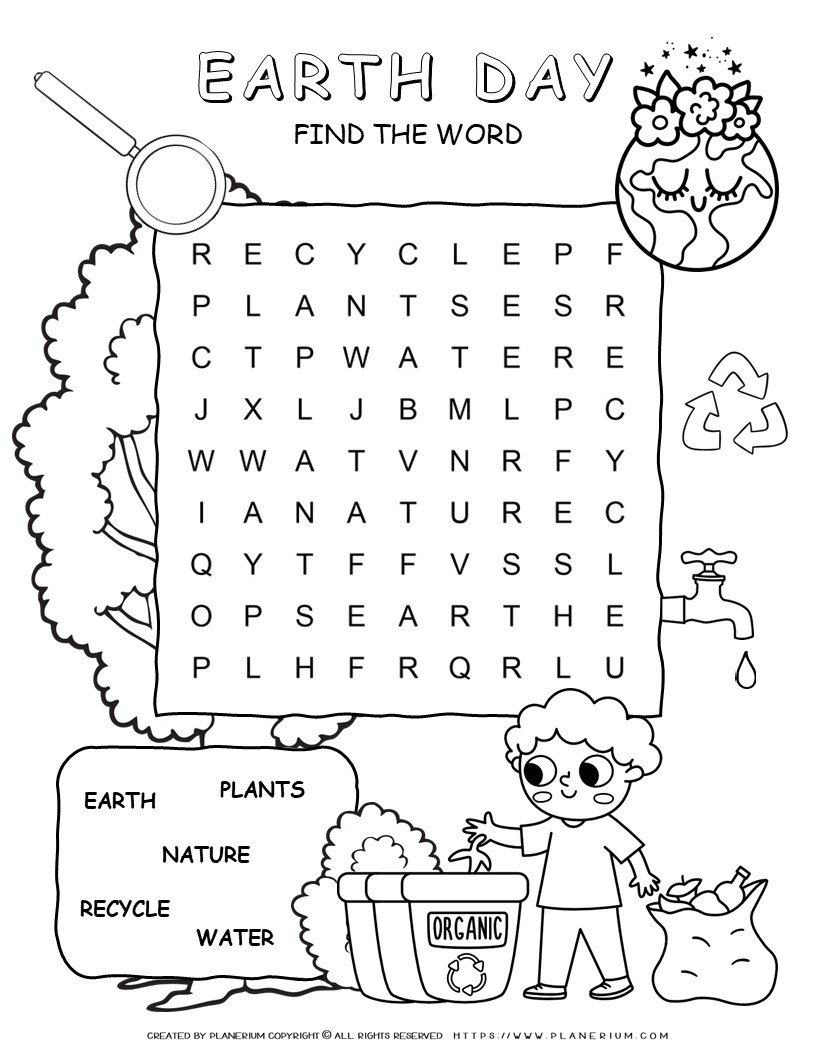 Earth Day Word Search for Kids with 5 Words