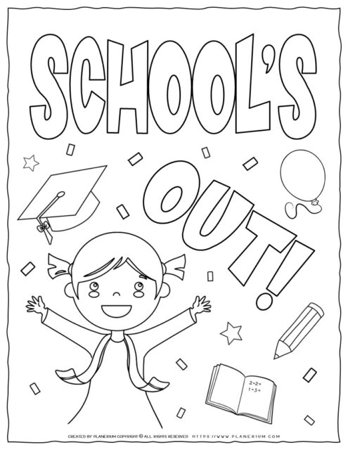 End of School Year Coloring Page - School's Out with a Happy Graduated Girl