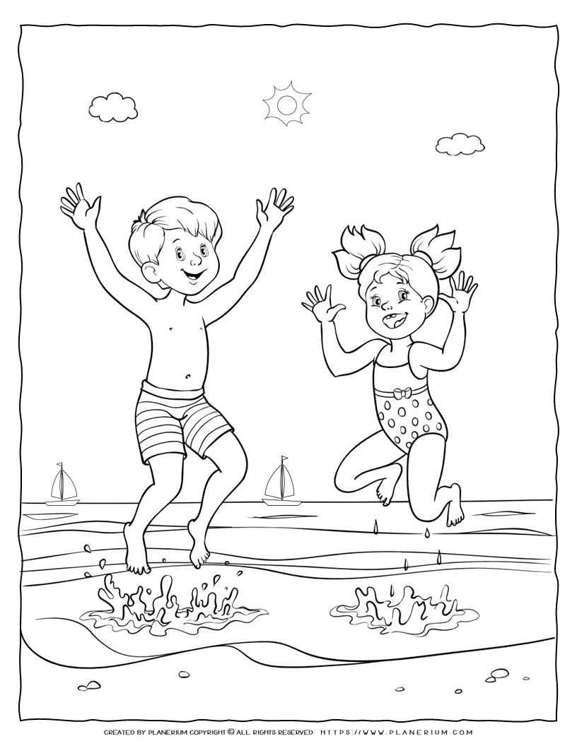 Boy and girl joyfully jumping into the water at the beach - Coloring Page for Kids