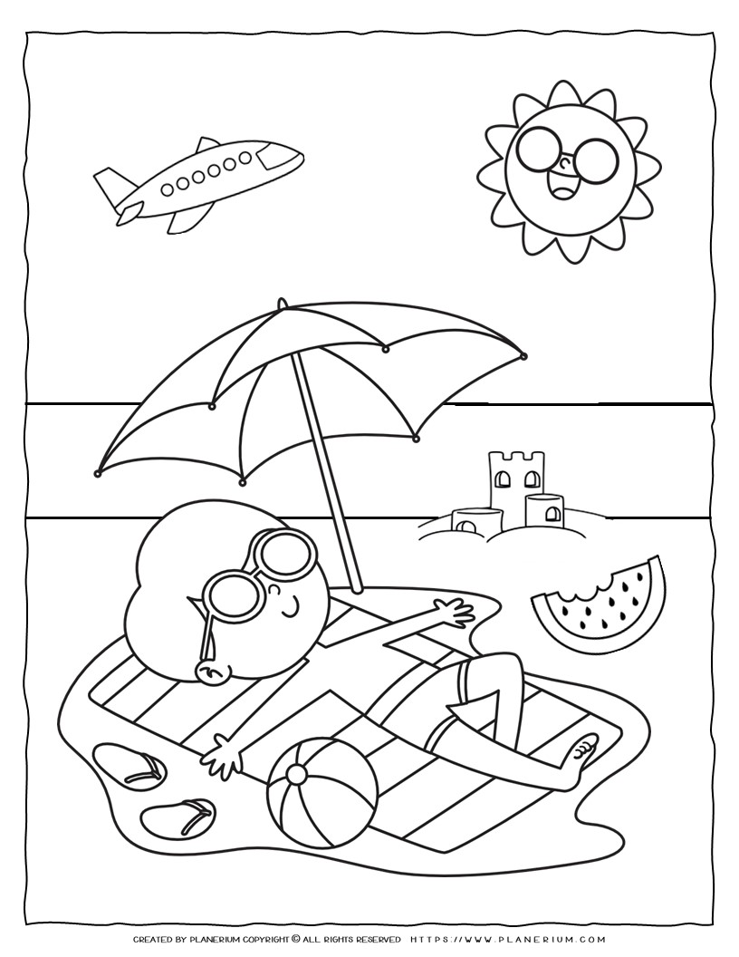 A boy resting on a beach towel - Kids' coloring page