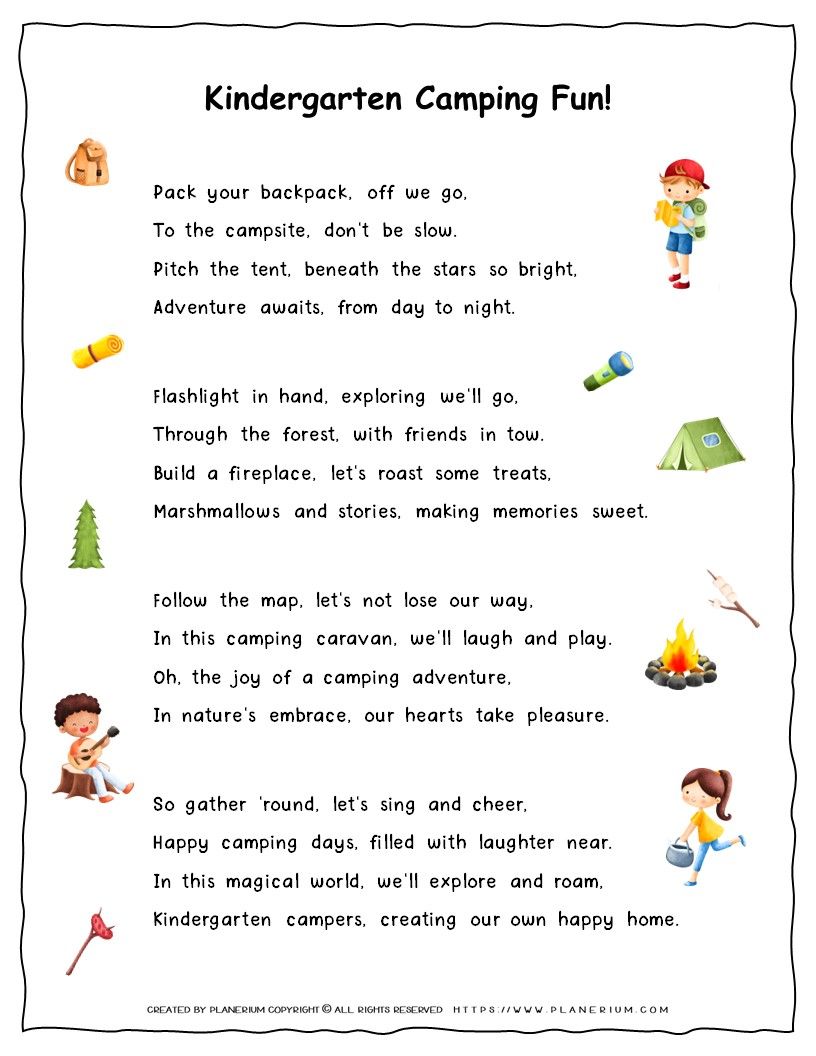 Kindergarten Camping Fun!" Song Lyrics Printable for Kids.