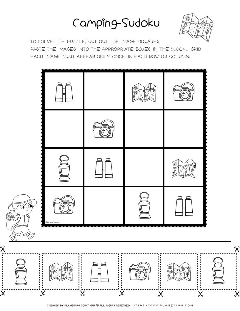 Printable Image Sudoku Game for Kids with a Camping Theme