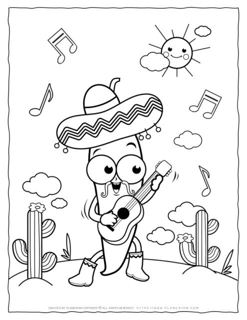 Cinco de Mayo Coloring Page with Chilli Playing Guitar in the Desert