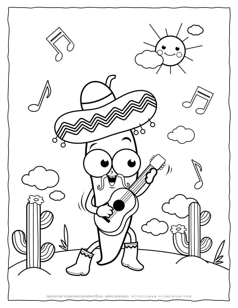 Cinco de Mayo Coloring Page with Chilli Playing Guitar in the Desert
