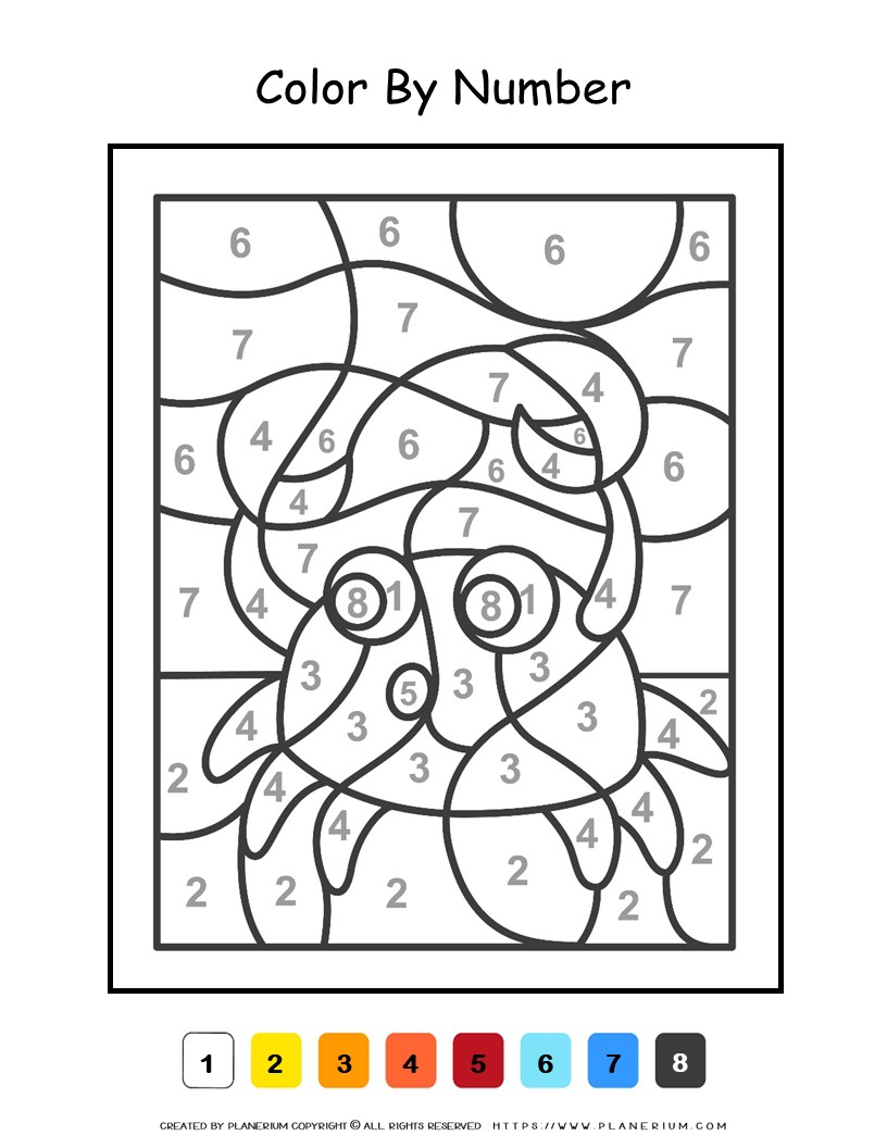 Kids coloring a printable color-by-number crab
