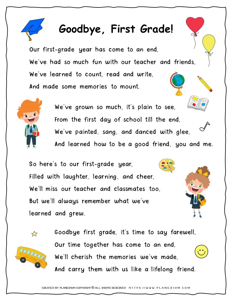 Printable End-of-School-Year Goodbye Song for First-Grade Students