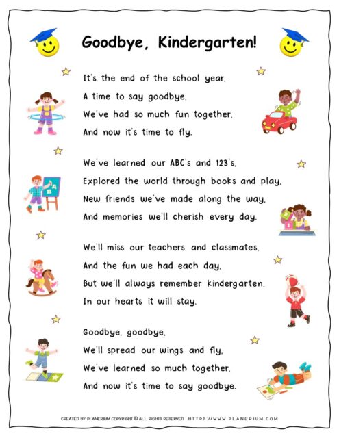 Printable End-of-School-Year Goodbye Song for Kindergarten Students
