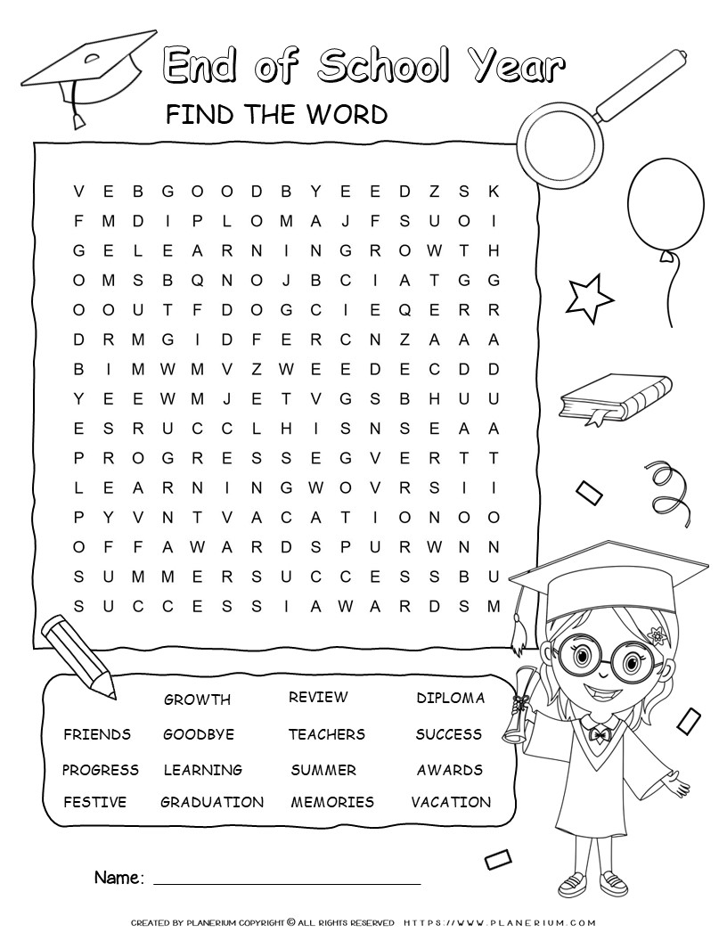 End of School Year Wordsearch for Kids with 15 Words