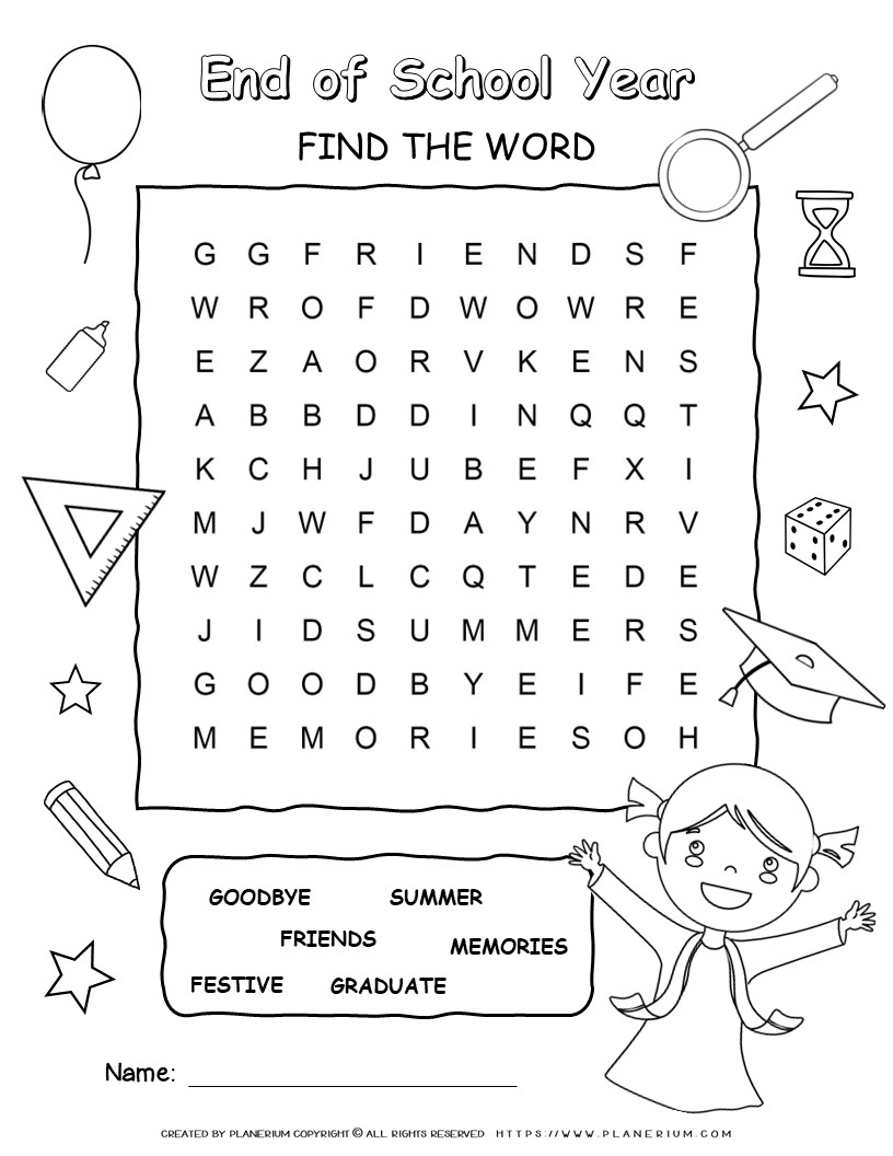 End of School Year Word Search for Kids with 6 Words - Black and White Illustrations