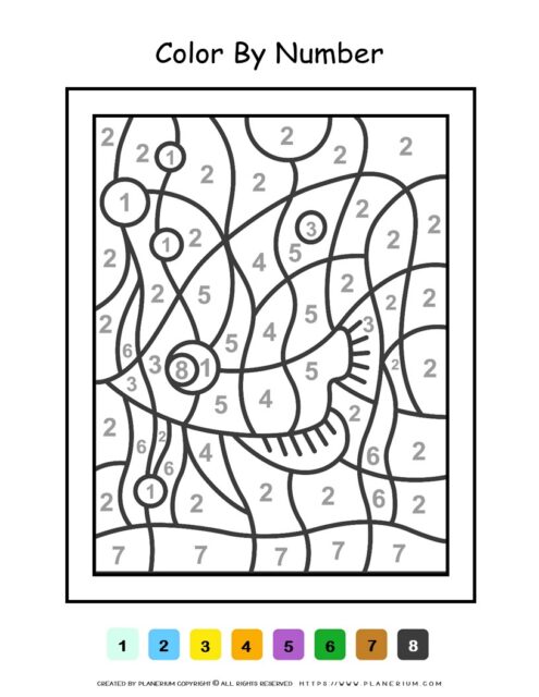 Kids coloring page of a fish with color-by-number activity.