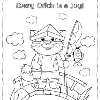Cute Cat Fishing Coloring Page for Kids