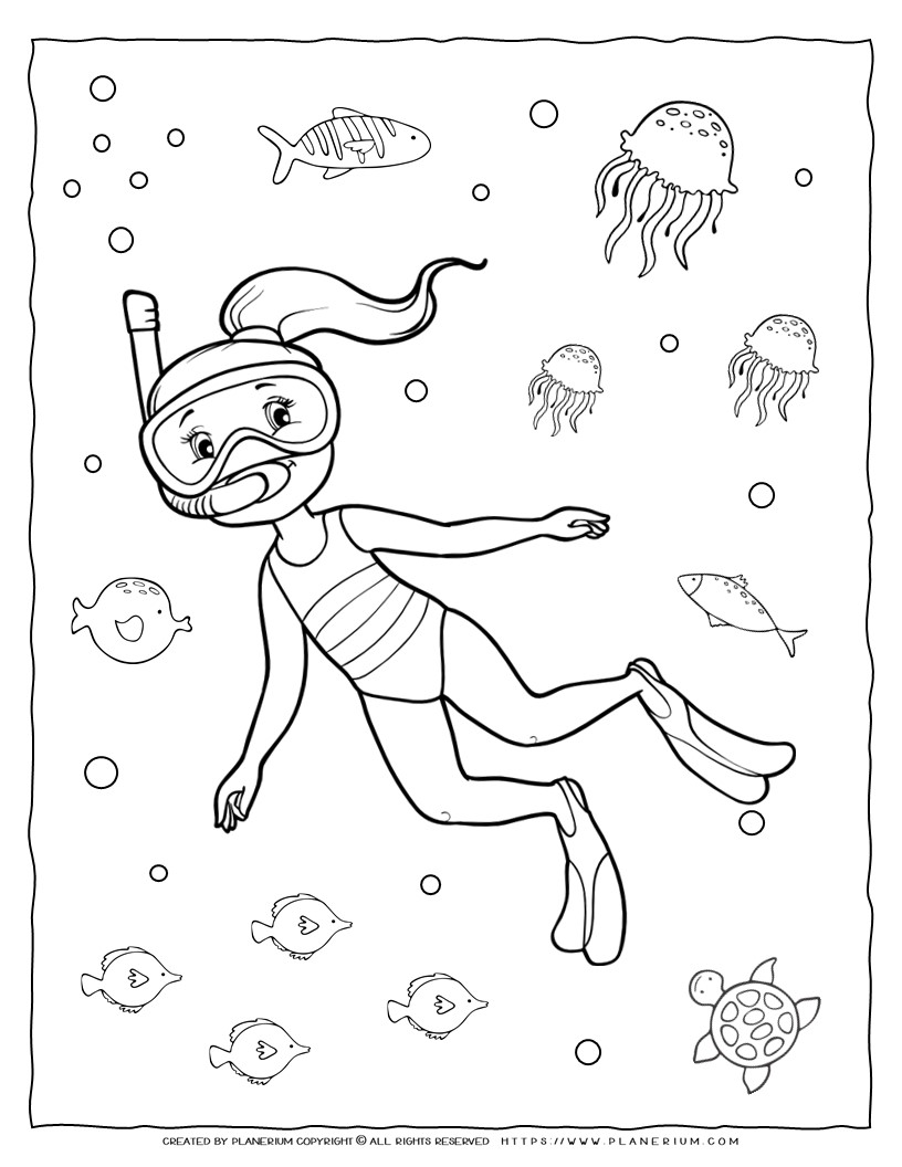 Underwater Adventure: Girl Diving - Coloring Page for Kids