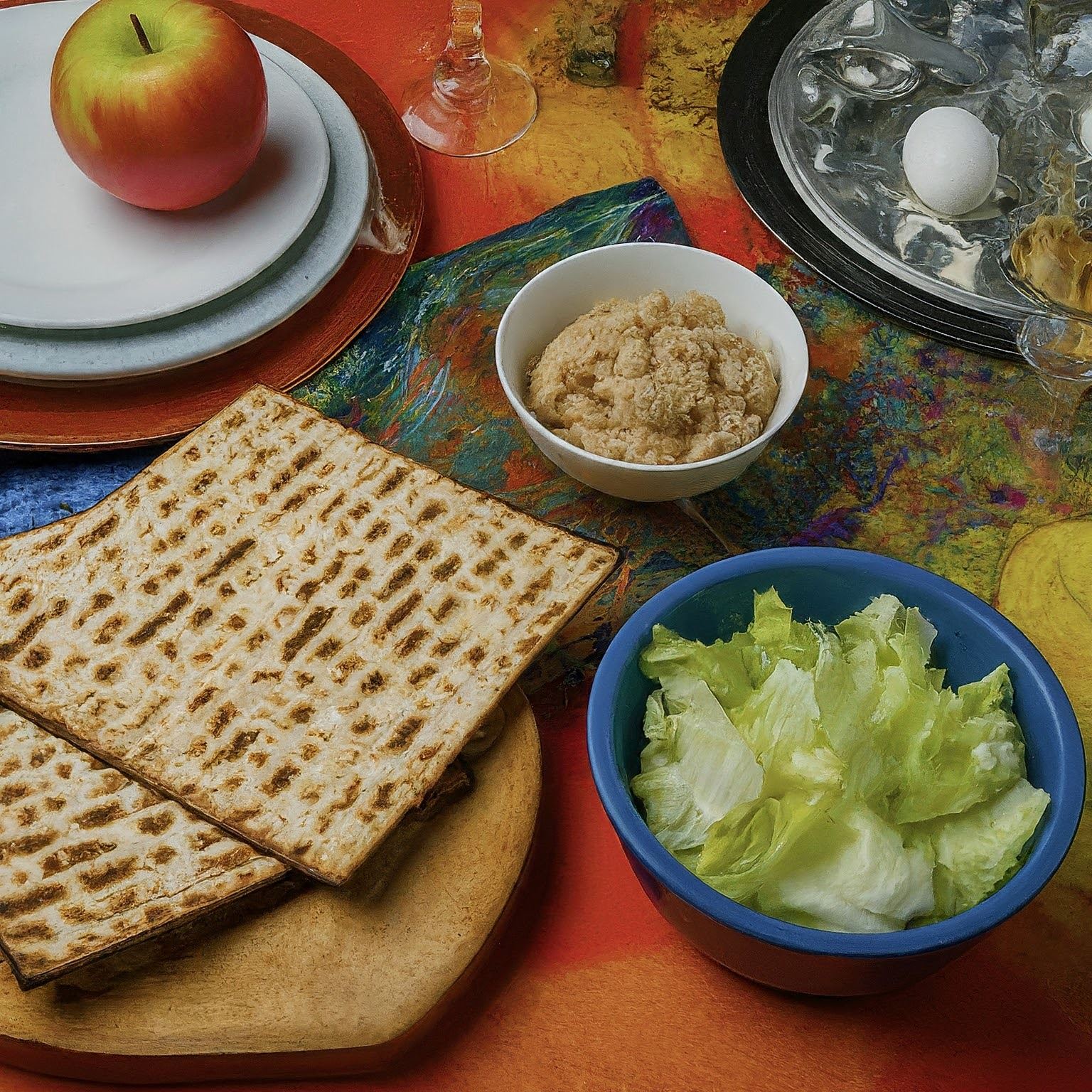 Colorful Passover Seder table with matzo, apple, and horseradish.