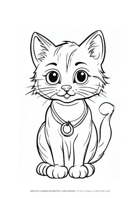 Line drawing of cute cartoon cat with collar.