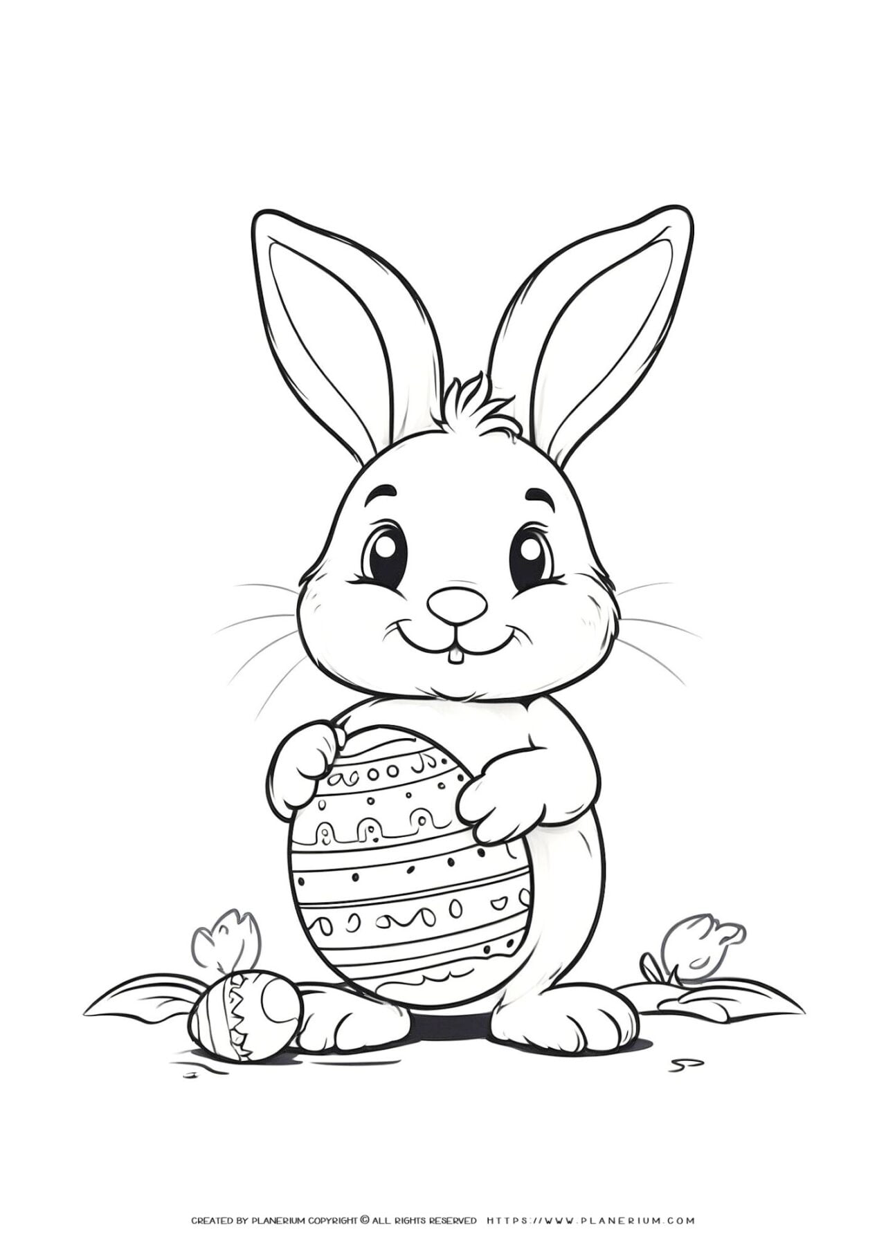 Cartoon bunny with decorated Easter egg.