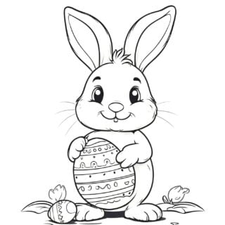 Cartoon bunny with decorated Easter egg.