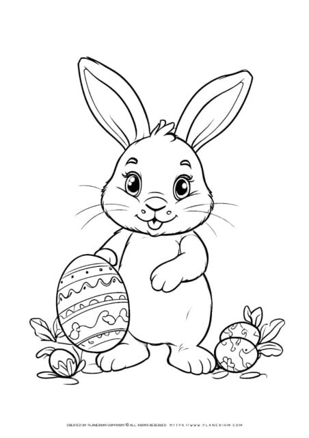 Coloring page with cartoon Easter bunny and eggs.