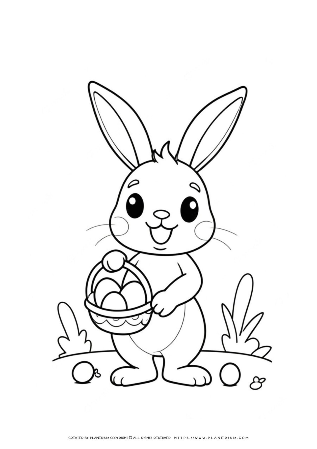 Cartoon bunny holding Easter eggs coloring page.