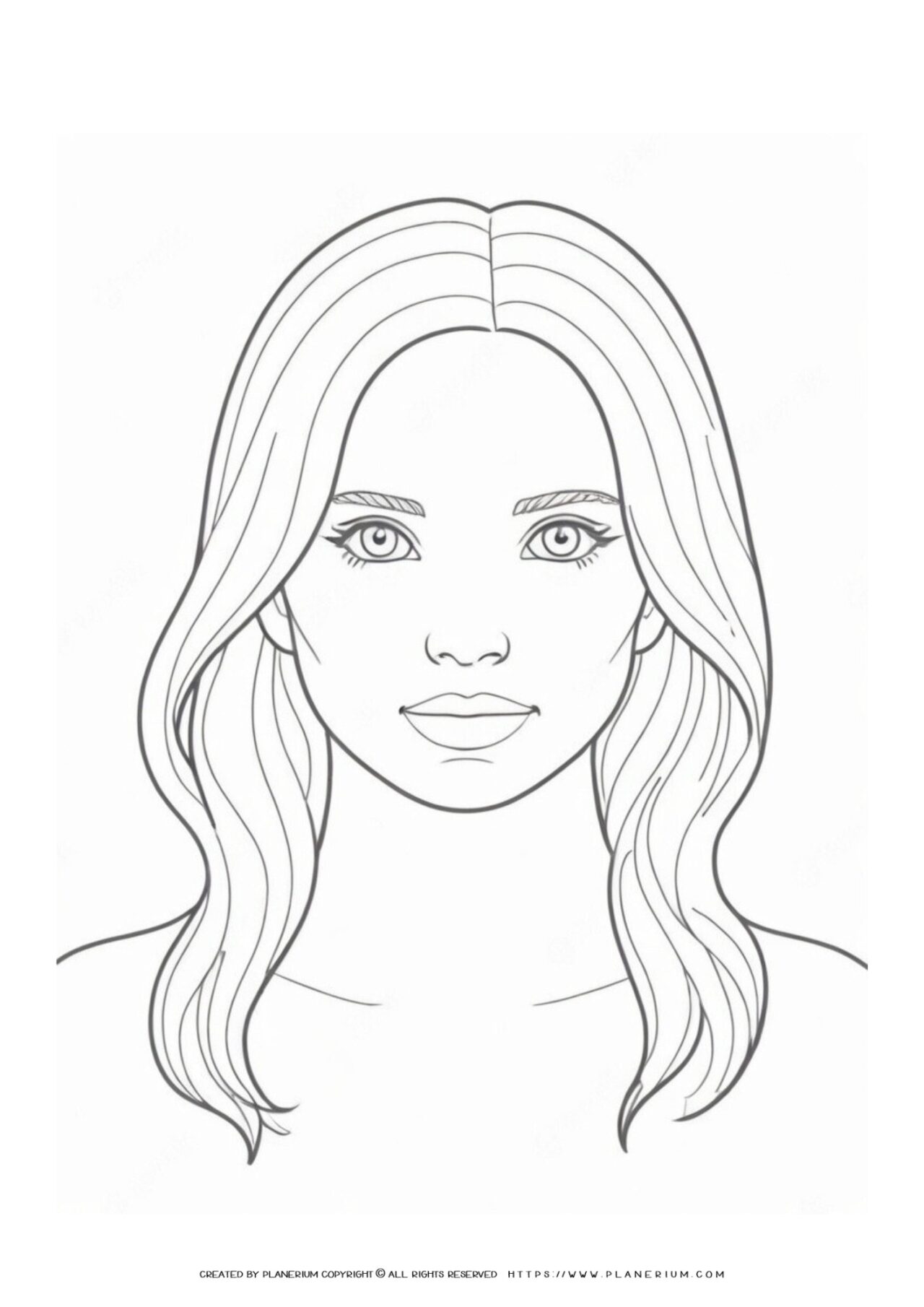 Line drawing of a woman's face with flowing hair.