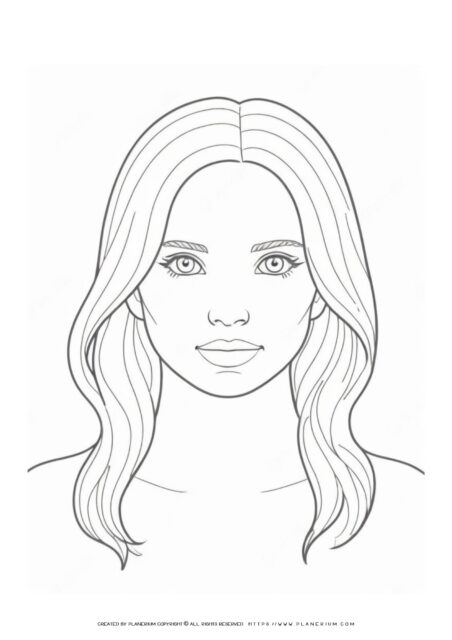 Line drawing of a woman's face with flowing hair.