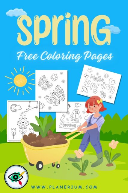 Spring coloring pages advertisement with child and wheelbarrow.