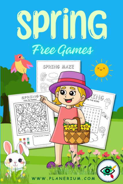 Child with spring activity sheets, games poster.