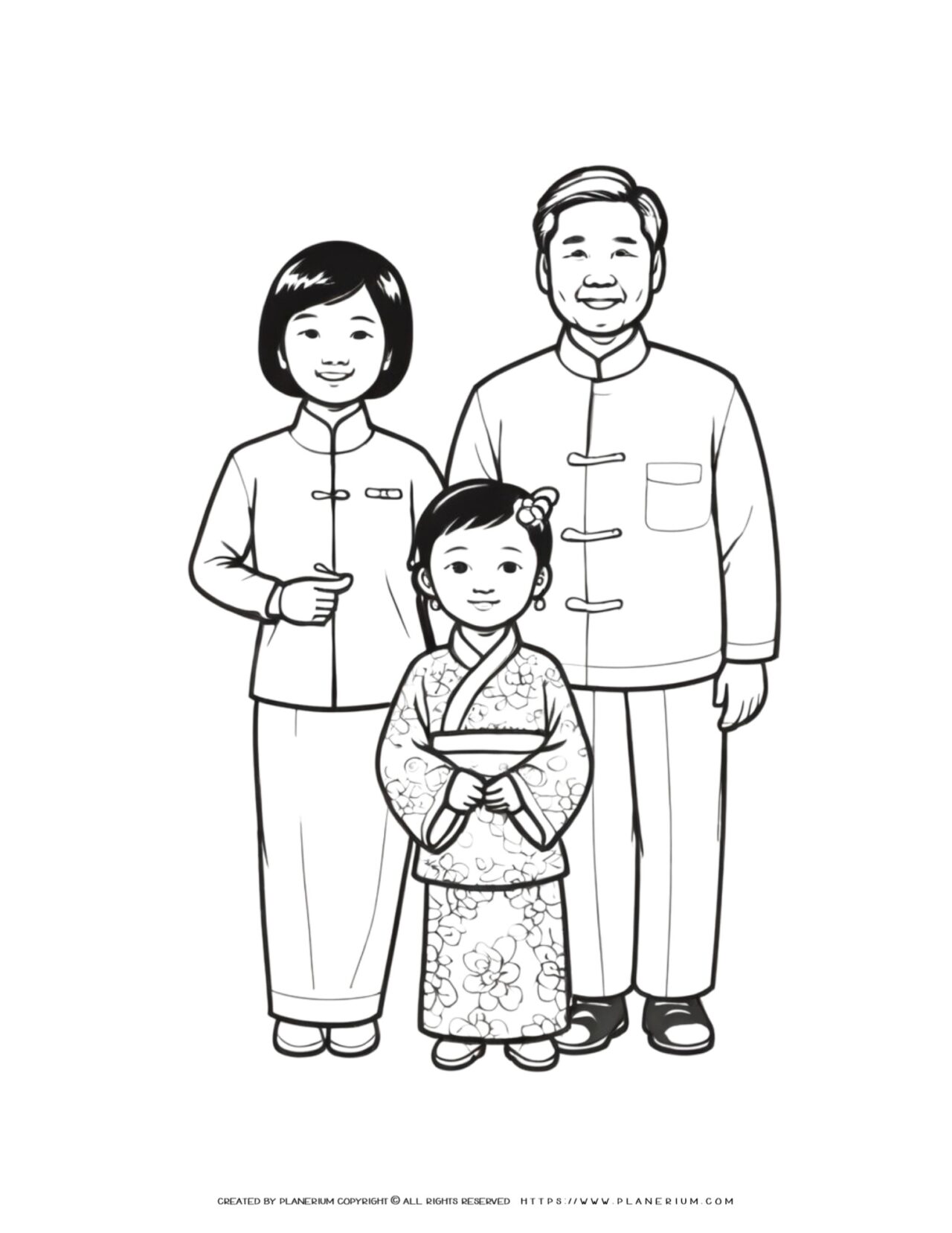 Asian-Family-with-Traditional-Clothing-Grandfather-Mother-and-Little-Girl