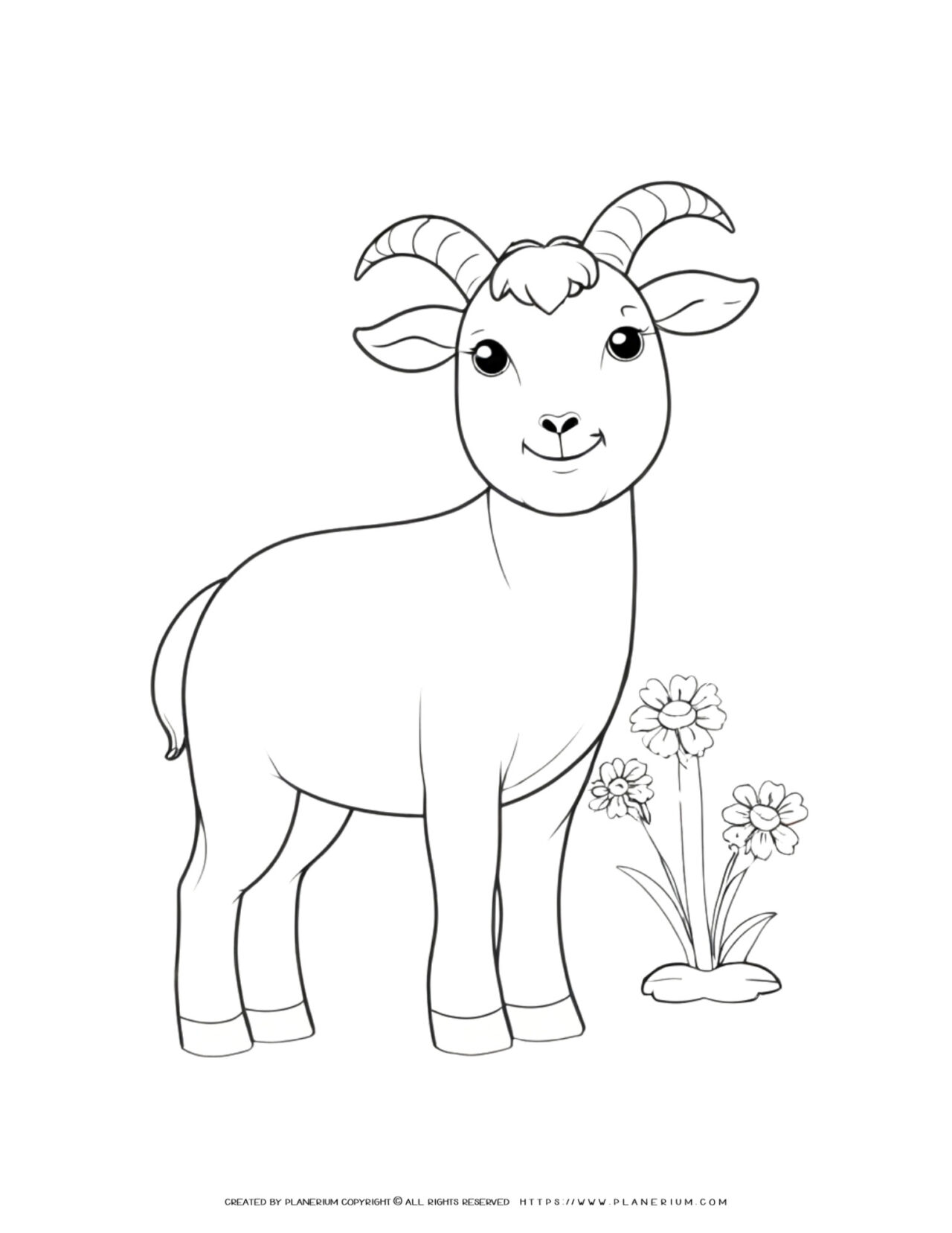 Cute-Goat-with-Flowers-Simple-Coloring-Page