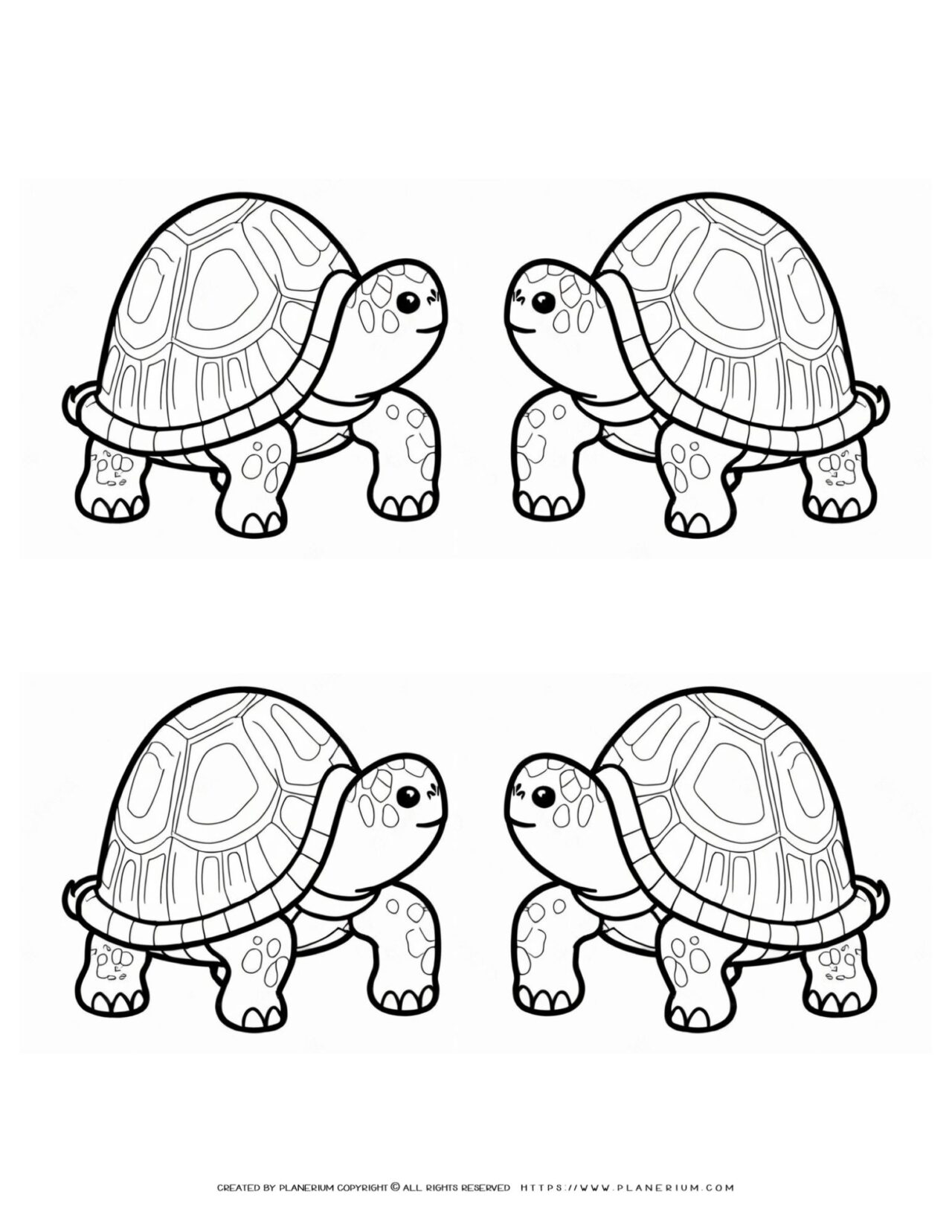 Four-Detailed-Turtles-Looking-at-Each-Other-Cartoon-Style-Coloring-Page-for-Kids