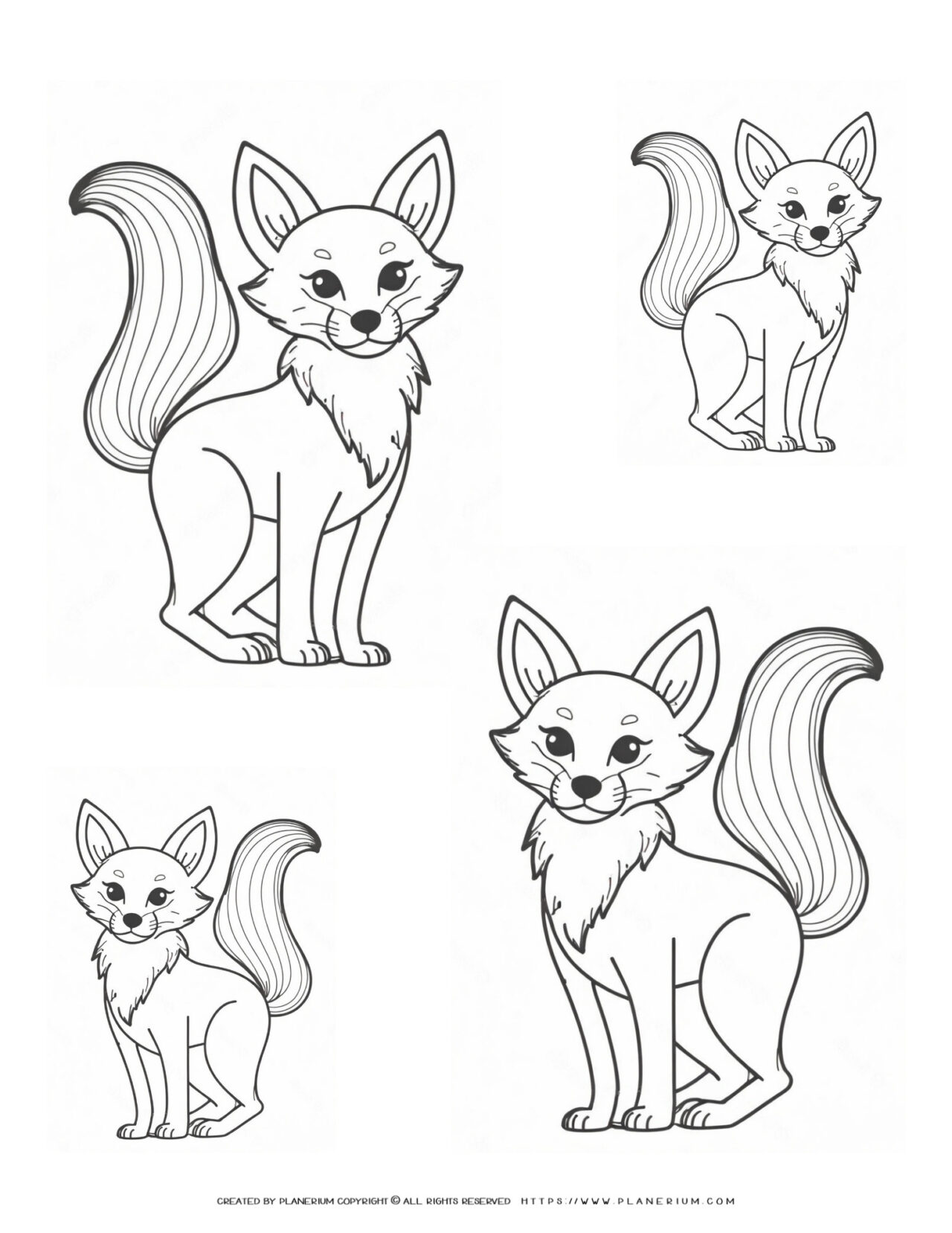 Four-Fox-Outlines-Different-Sizes-Coloring-Page