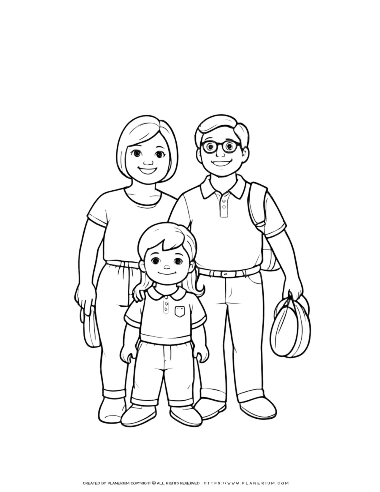 Happy-American-Family-Coloring-Page-with-Two-Parents-and-One-Little-Girl