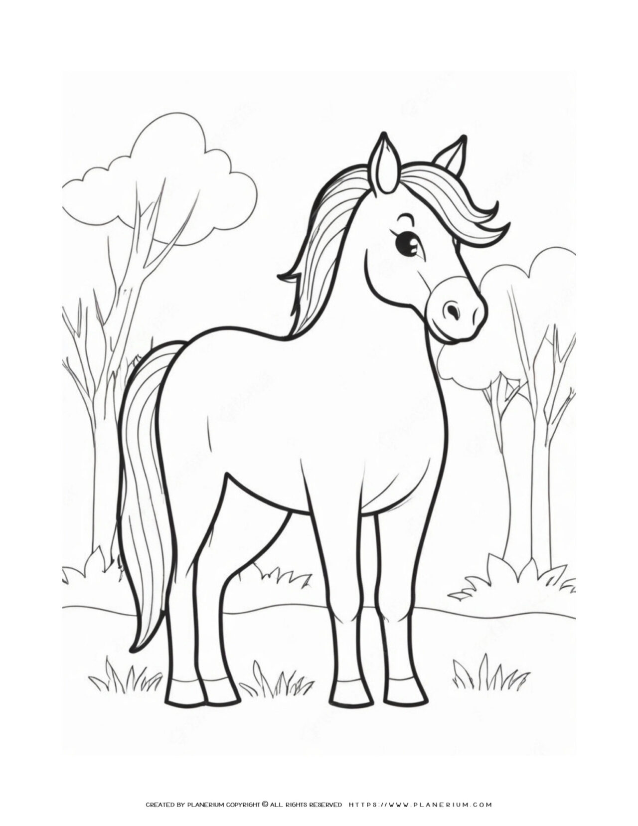 Horse-Standing-Trees-Grass-Coloring-Page
