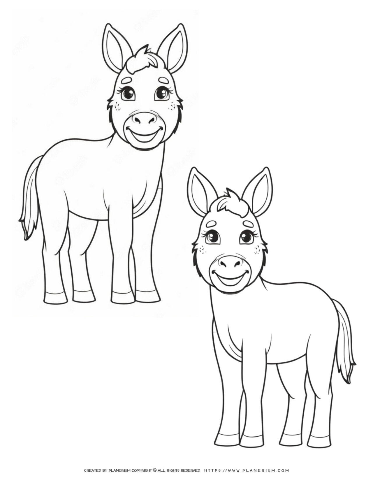 Two-Cute-Donkeys-Outlines-Standing-Simple-Coloring-Page-for-Kids