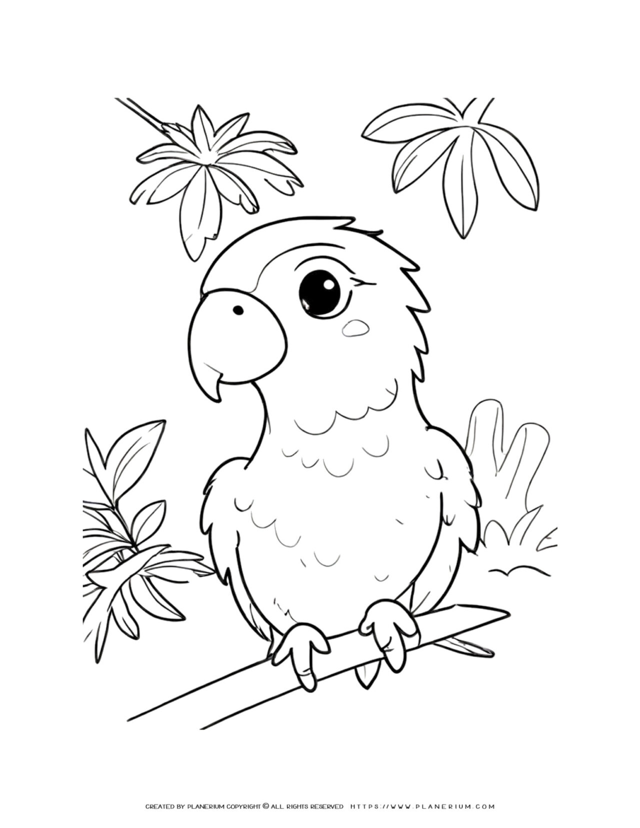 Vibrant-Parrot-Awaits-Color-on-a-Leafy-Branch