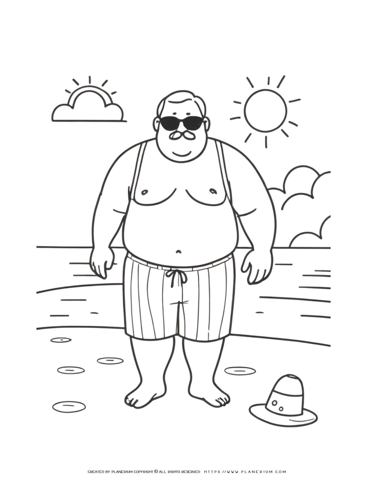 big-man-wearing-swimming-suit-standing-on-the-beach-coloring-page