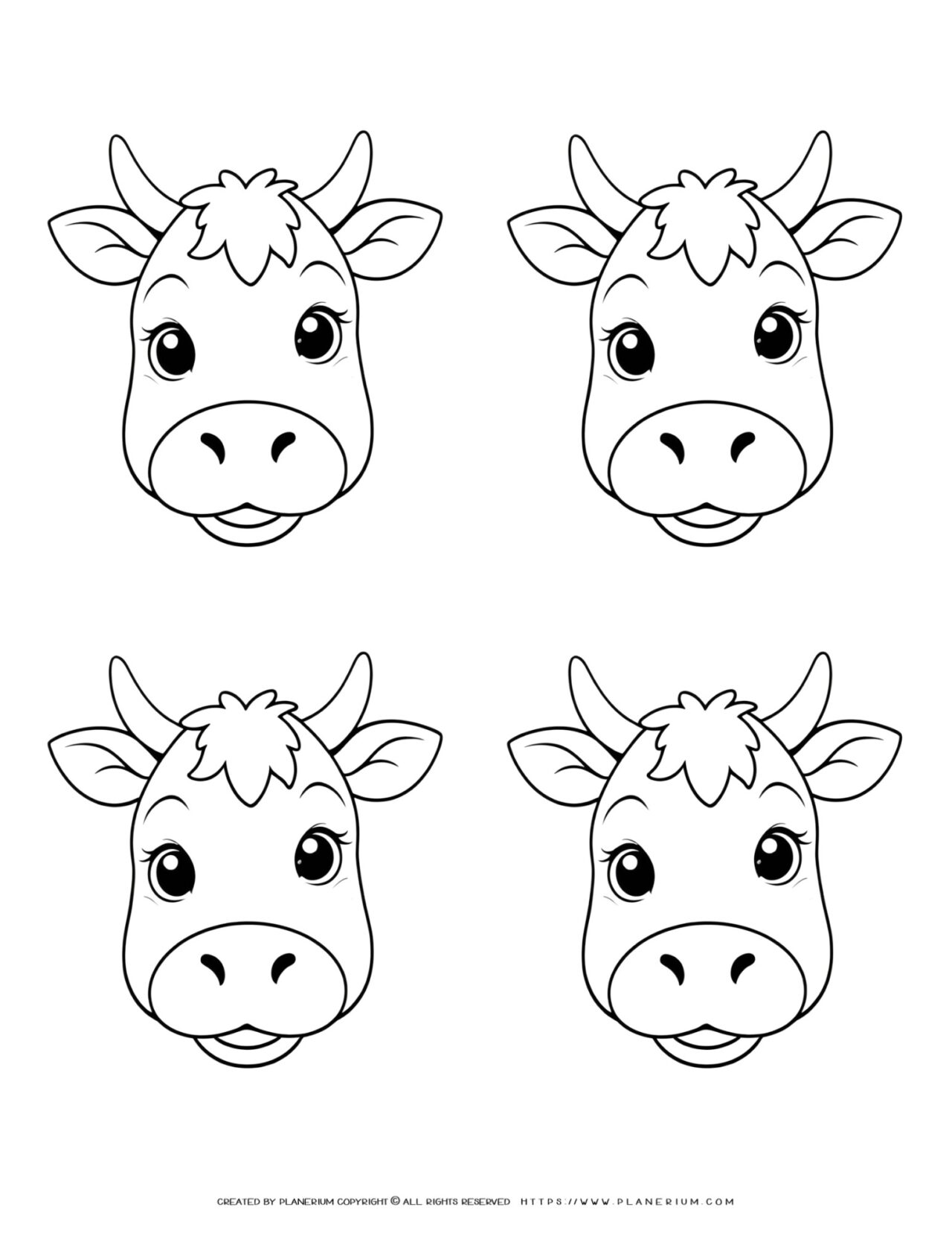 four-baby-cow-faces-outlines-coloring-page