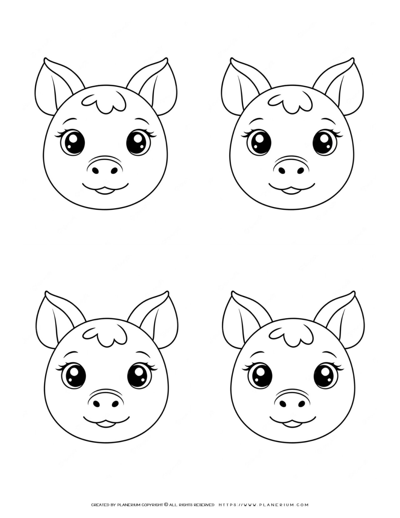 four-cute-pig-faces-outlines-template