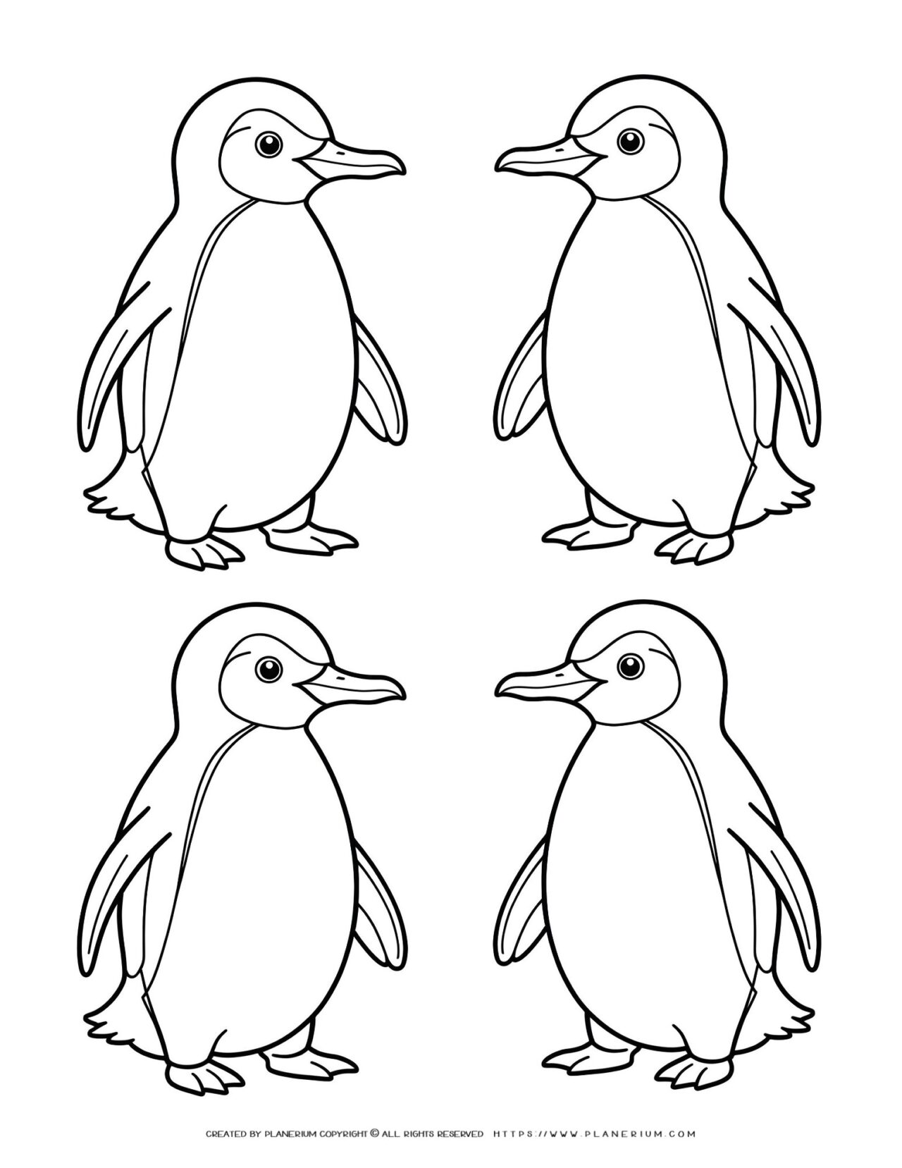 Four-cartoon-penguins-coloring-page