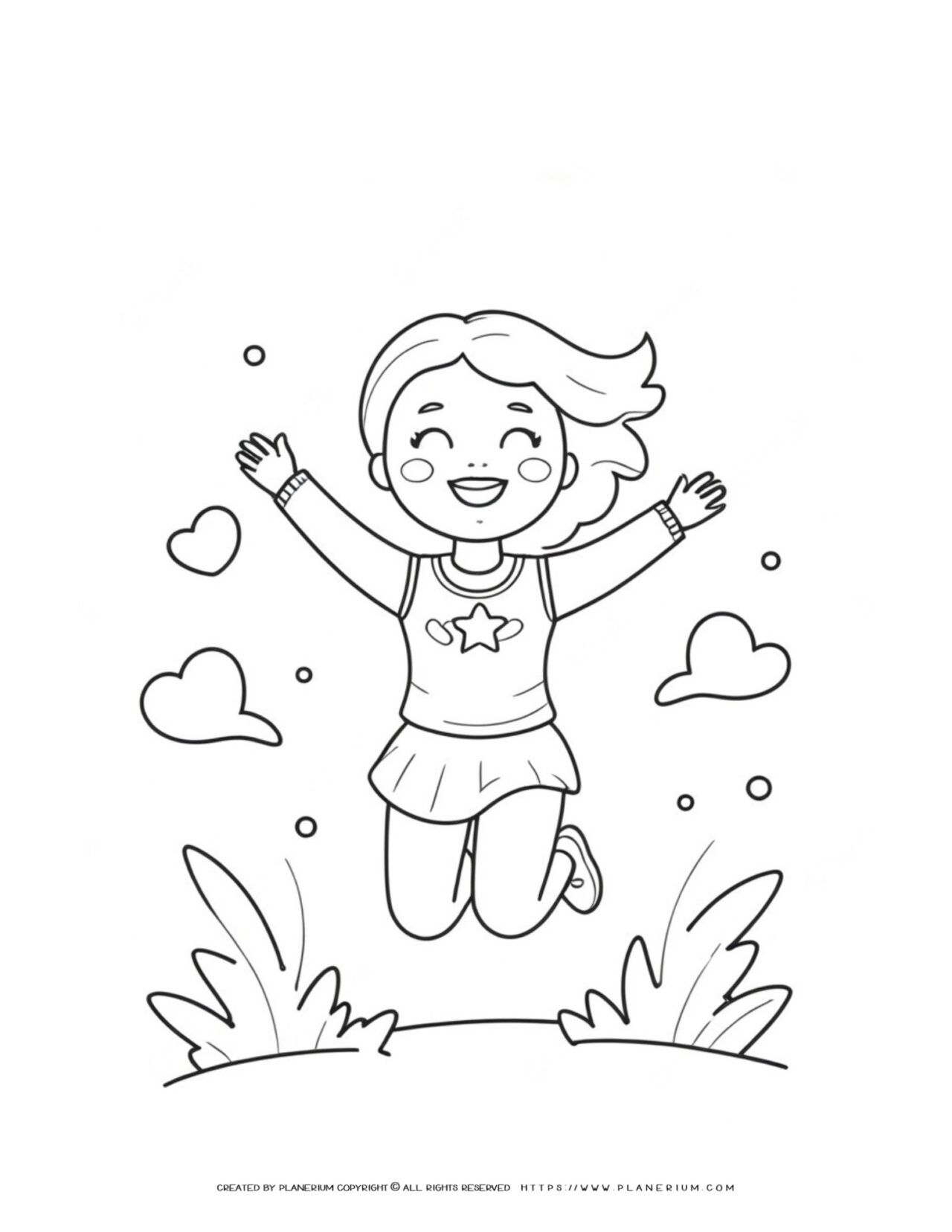 Coloring Page Happy Girl Jumping Fun Art Activity for Kids