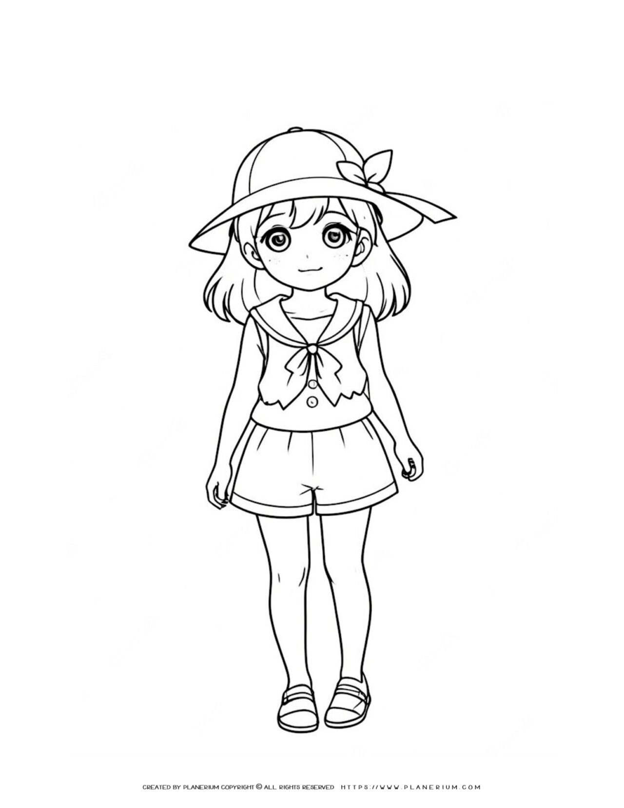 happy-girl-with-hat-standing-summer-cloths-coloring-page-for-kids