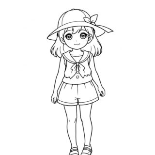 happy-girl-with-hat-standing-summer-cloths-coloring-page-for-kids