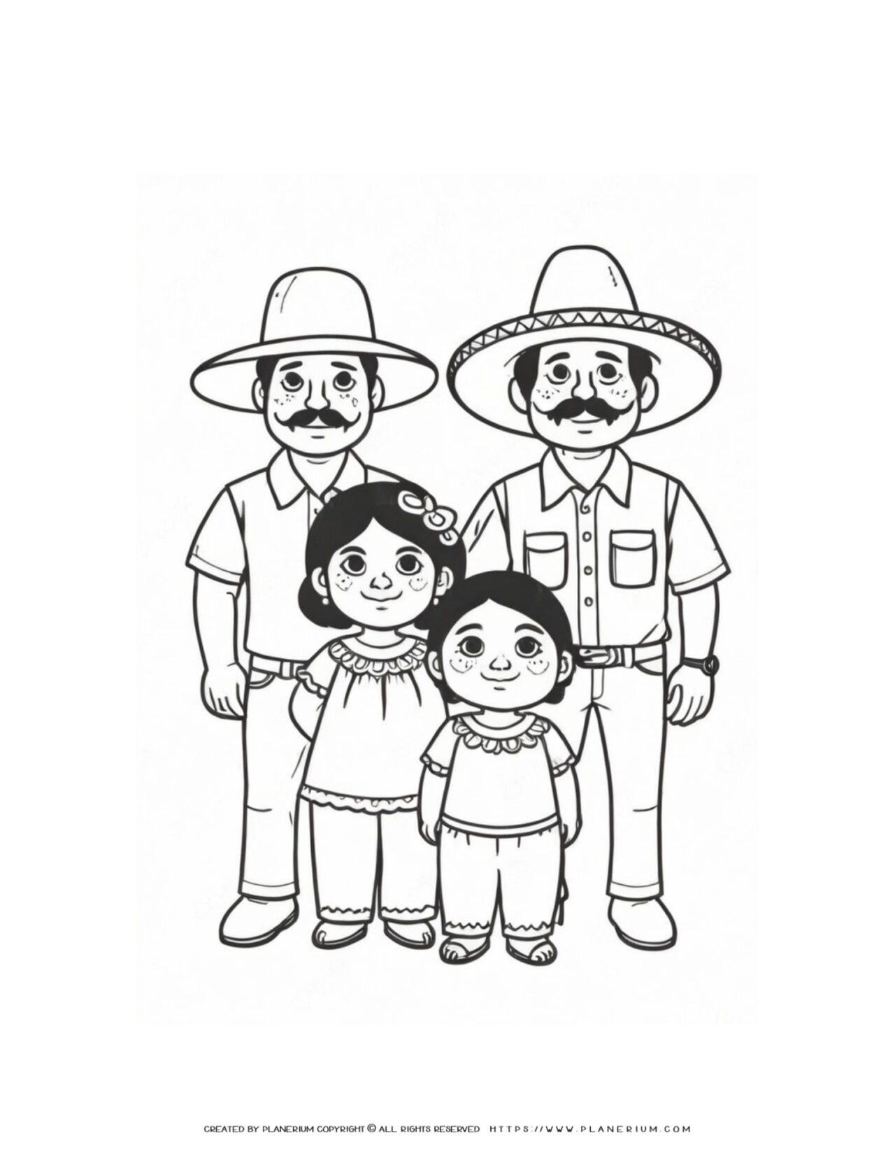 mexican-family-father-grandfather-and-two-little-daughters-coloring-page-for-kids
