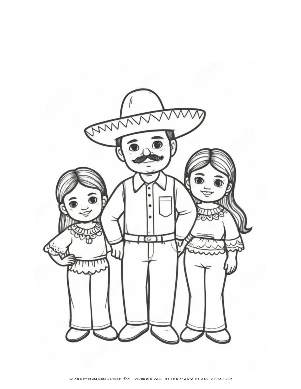 mexican-family-father-two-daughters-coloring-page-for-kids