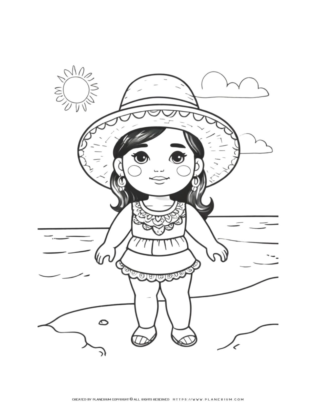 mexican-girl-with-summer-dress-sombrero-hat-sandals-standing-on-the-beach-coloring-page-for-kids