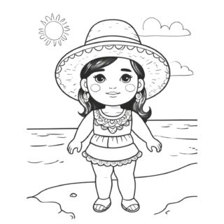 mexican-girl-with-summer-dress-sombrero-hat-sandals-standing-on-the-beach-coloring-page-for-kids